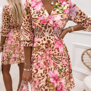 Women's Leopard Floral Print Vacation Dress Overlap V Neck Shirred Waist Ruffle Midi Dress with Lining