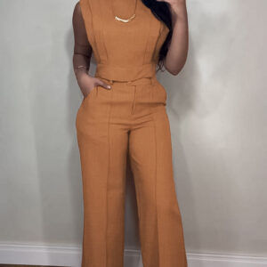 2 Pieces Outfit 3D Cutting Decor Design Cap Sleeve Hollow-out Back Crop Top and Casual Zipper Fly Seam Front Straight Pants Set