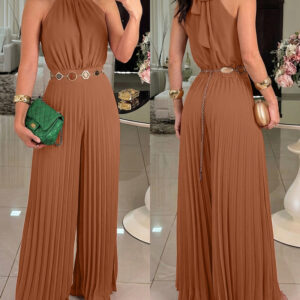 CHICME Women's Halter Tie Wide Leg Jumpsuit Pleated High Waist One-Piece Romper Elegant Sleeveless Evening Party Jumpsuit without Waist Chain