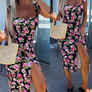 Women's Floral Midi Dress Sweetheart Neck Flutter Sleeve Side Slit Sundress Backless Vacation Dress with Built-In Bra