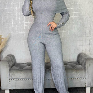 2 Pieces Outfit Button Decor Foldover Off Shoulder Slim Fit Top and Elastic Waist Wide Leg Pants Set Casual Ribbed Set