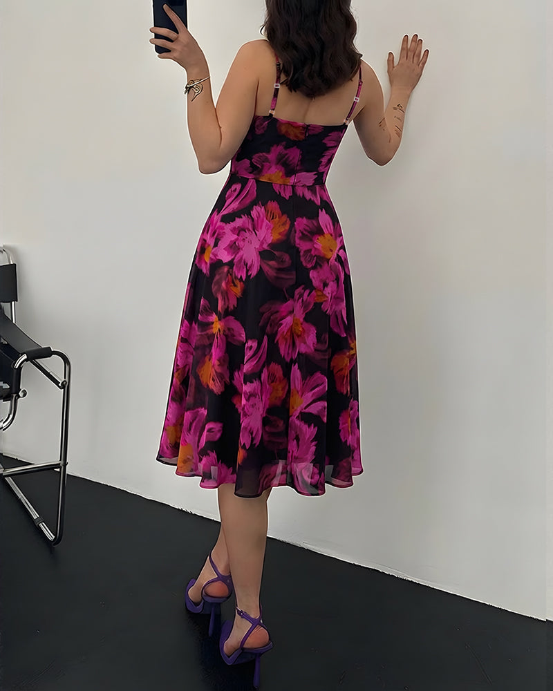 Women's Floral Print Cami Midi Dress Sexy Ruched Mesh A Line Sundress Elegant Spaghetti Strap Party Dress - Image 2