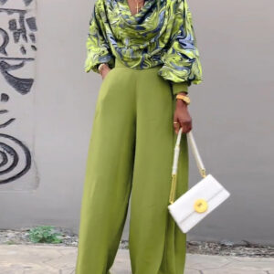 2 Pieces Outfit Abstract Print Cowl Neck Lantern Sleeve Stretchy Hem Crop Top and Casual Zipper Side Ruched Wide Leg Pants Set
