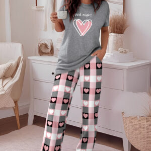 2 Pieces Outfit Floral Print Short Sleeve Top and Casual Plaid Heart Pattren Lounge Pants Set