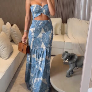 Tropical Print Halter Tie Shirred Frill Trim Cinched Waist Vacation Dress Ruched Cutout Front Slim Fit Ruffle Hem Mermaid Dress