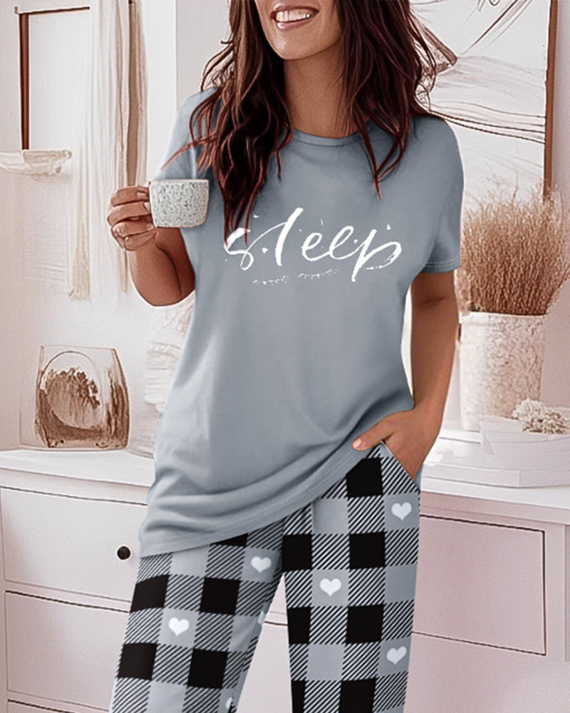 2 Pieces Outfit Cute Letter Print Short Sleeve T-shirt and Plaid Pants Set Loungewear - Image 3