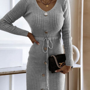 Button Decor V-Neck Long Sleeve Knit Bodycon Dress Drawstring Waist Ribbed Mini Dress
