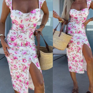 Women's Floral Midi Dress Sweetheart Neck Flutter Sleeve Side Slit Sundress Backless Vacation Dress with Built in Bra