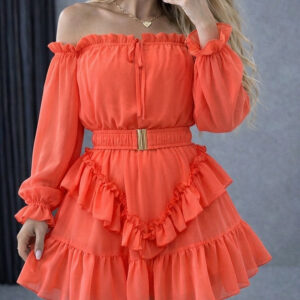 Women's Off Shoulder Frill Trim Mini A Line Dress Flowy Chiffon Ruffle Hem Party Dress with Belt & Built-In Shorts