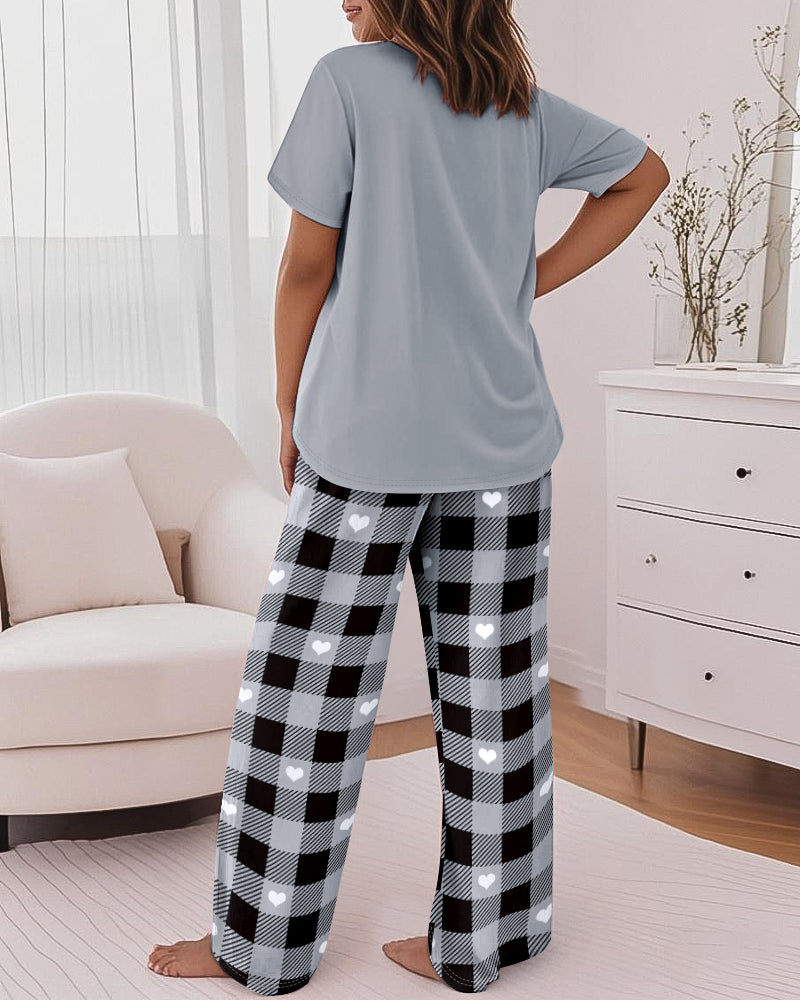 2 Pieces Outfit Cute Letter Print Short Sleeve T-shirt and Plaid Pants Set Loungewear - Image 2
