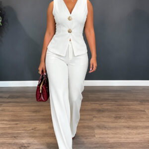 Women's 2 Piece Blazer Set Sleeveless V Neck Button Down Vest and High Waisted Straight Leg Pants Set Elegant Suit