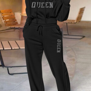 2 Pieces Outfit 3D Design Crop Drawstring Hoodie Top and Drawstring Elastic Waist Wide Leg Sweatpants Set Casual Rhinestone Letter Pattern Sweatshirt Set