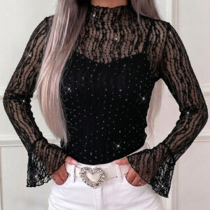 Women's 2 Piece Outfit Rhinestone Mock Neck Flare Sleeve Sheer Mesh Top with Adjustable Cami Top