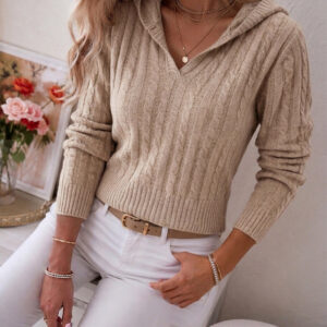 Women's Cable Knit Hooded Sweater V Neck Long Sleeve Pullover Top