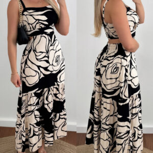 Floral Print Adjustable Straps Cutout Waist Shirred Backless Maxi Dress Casual Elastic Back Waist Ruffle Hem Vacation Dress