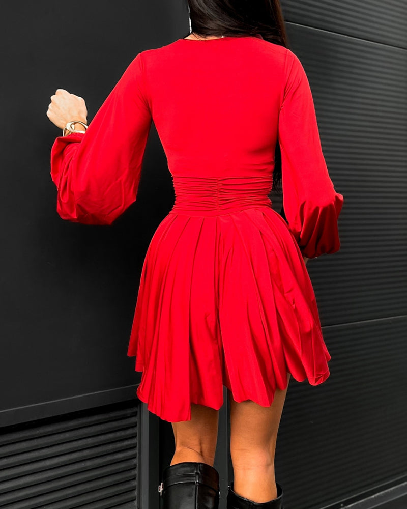 Deep V Neck Lantern Sleeve Ruched Pleated A Line Flowy Dress Single Breasted Decor Cinched Waist Party Dress - Image 2