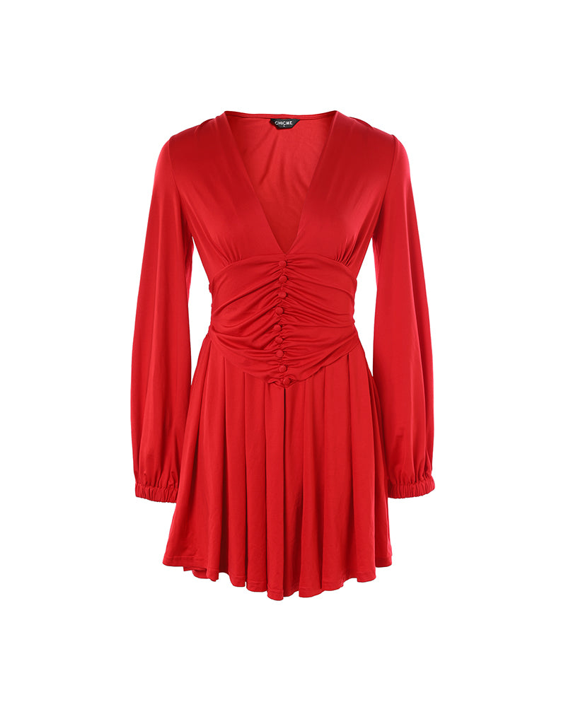 Deep V Neck Lantern Sleeve Ruched Pleated A Line Flowy Dress Single Breasted Decor Cinched Waist Party Dress - Image 6