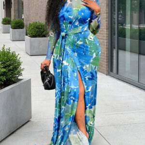 2 Pieces Outfit Allover Floral Print Long Sleeve Tie Waist High Slit Sheer Mesh Maxi Dress with V-Neck Adjustable Spaghetti Straps Cami Mini Dress