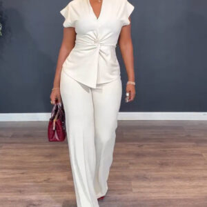 Women's 2 Piece Outfits V Neck Twist Front Slit Top and High Waisted Straight Leg Pants Set Commute Business Casual Suit