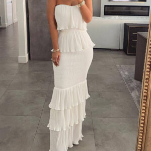 Layered Ruffle Shirred Slim Fit Strapless Dress Textured Maxi Party Dress