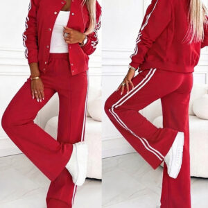 Women's 2-Piece Outfit Baseball Jacket and Wide-Leg Pants Set Casual Contrast Side Striped Tracksuit