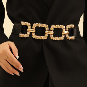 Chain Decor Buttoned Waist Belt Fashion Elastic Stretch Dress Belt Waistband