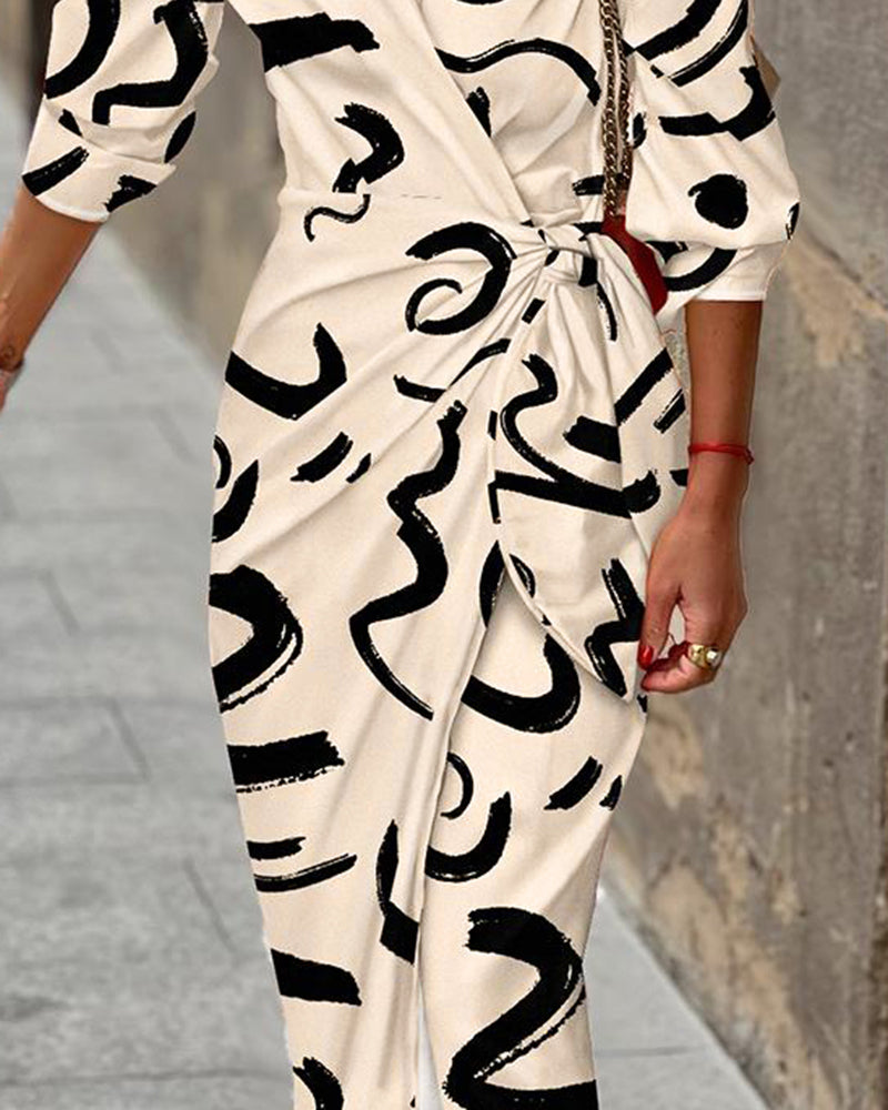 Abstract Print Turn-down Collar Tied Detail Ruched Dress Casual Wrap Front Vacation Dress - Image 8