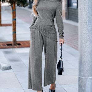 Women's 2 Piece Outfit Off Shoulder Ruched Asymmetrical Top and Wide Leg Pants Set Casual Loungewear