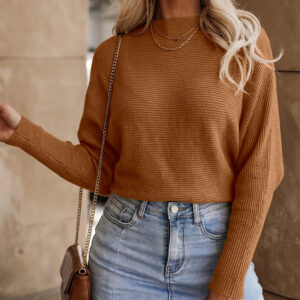 Women's Batwing Sleeve Knit Sweater Ribbed Boat Neck Crop Pullover Slouchy Top