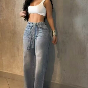Allover Rhinestone Decor High Waist Zipper Fly Jeans Casual Flared Denim Pants with Rhinestone Decor Belt