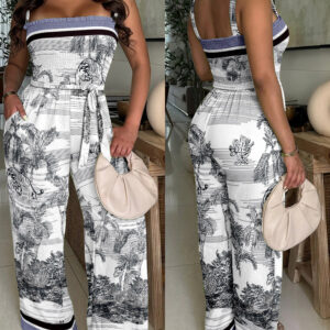 CHICME Women's Landscape Print Stretchy Straps Shirred Romper Convertible Strapless Wide Leg Bandeau Jumpsuit with Belt