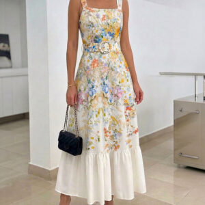 Women's Floral Maxi Dress Square Neck Sleeveless Ruffle Hem Sundress Backless Shirred Summer Vacation Dress with Belt