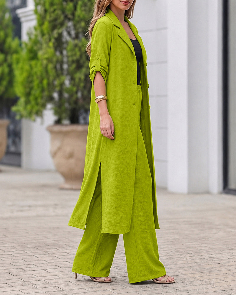 Women's 2 Piece Outfit Lapel Button Down Side Slit Longline Top and High Waisted Straight Leg Pants Set - Image 5