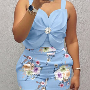 2 Pieces Outfit Rhinestone & 3D Flower Decor Thick Strap Shirred Back Crop Cami Top and Casual Floral Print Elastic Back Waist Shorts Set