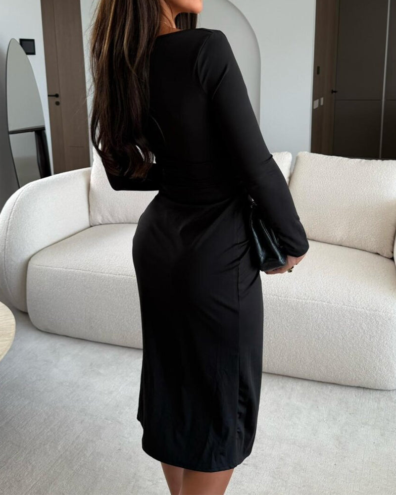 Long Sleeve Ruched Waist Metal Button Decor Bodycon Dress Casual Slit Slim Fit Midi Dress - Image 9