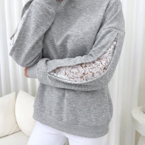 Women's Lace Patchwork Sweatshirt Crewneck Long Sleeve Pullover Slit Sleeve Casual Loose Fit Top