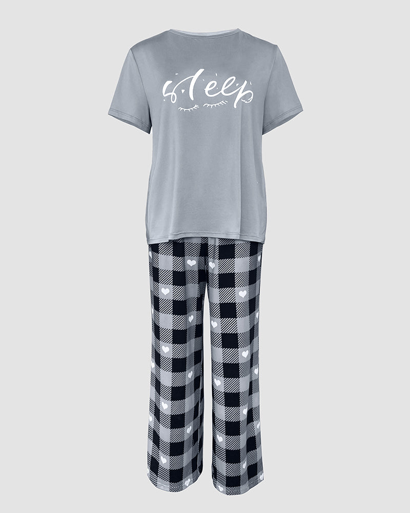 2 Pieces Outfit Cute Letter Print Short Sleeve T-shirt and Plaid Pants Set Loungewear - Image 7
