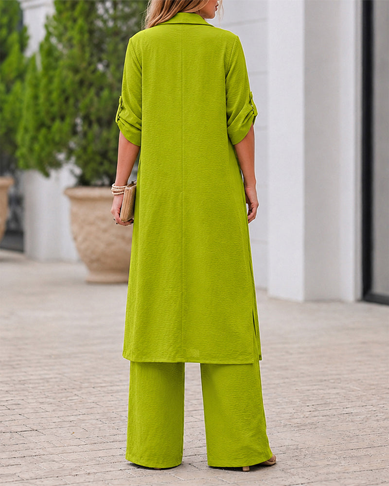 Women's 2 Piece Outfit Lapel Button Down Side Slit Longline Top and High Waisted Straight Leg Pants Set - Image 2