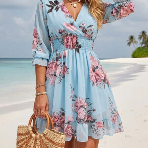 Floral Print Overlap V Neck Three Quarters Sleeve Shirred Waist Ruffle Hem Dress Casual Cinched Waist Flared Cuffs Chiffon Vacation Dress with Lining