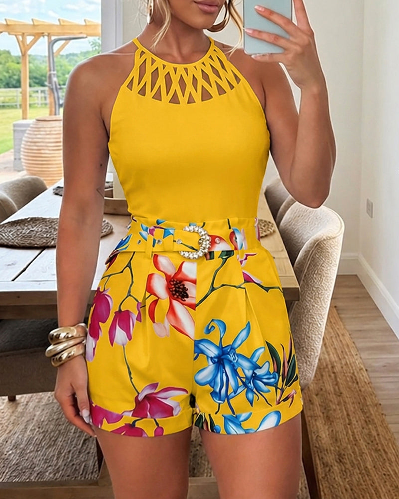 Women's Two Piece Shorts Set Hollow Out Halter Camisole Top and Floral High Waisted Cuffed Shorts with Belt - Image 3