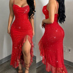 Women's Glitter Mesh Cami Dress Cowl Neck Slit Mermaid Dress Backless Ruffle Hem Party Dress with Built-In Bra