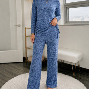 Women's 2 Piece Knit Outfits Crewneck Side Drawstring Long Sleeve Top and Wide Leg Pants Casual Loungewear