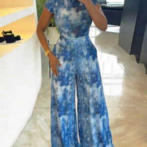 2 Pieces Outfit Mock Neck Short Sleeve Slim Fit Top and High Waist Wide Leg Pants Set Casual Tie Dye Print Sheer Mesh Set