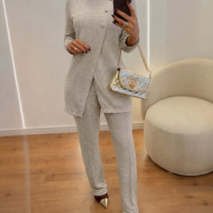 Women's 2 Piece Knit Outfits Mock Neck Long Sleeve Asymmetrical Longline Top and Straight Leg Pants Set
