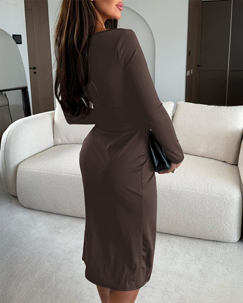 Long Sleeve Ruched Waist Metal Button Decor Bodycon Dress Casual Slit Slim Fit Midi Dress - Image 2