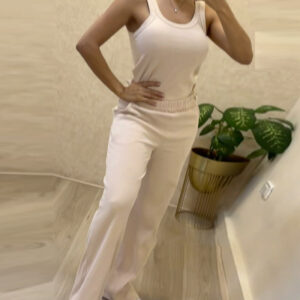 2 Piece Loungewear Set U-Neck Sleeveless Ribbed Tank Top and Stretchy High Waist Straight Leg Pocket Design Pants Tracksuit