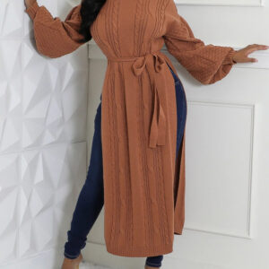 Cable Textured High Neck Lantern Sleeve Bow Tie Waist Sweater Casual High Slit Knit Longline Top