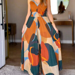 Abstract Print V-Neck Stretchy Thick Straps High Waist Backless Overalls Casual Shirred Waist Cinched Waist Wide Leg Jumpsuit
