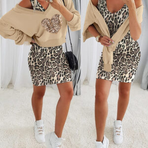 2 Piece Contrast Sequin Heart Pattern V-Neck Sweatshirt Leopard Print Sleeveless Tank Dress Set