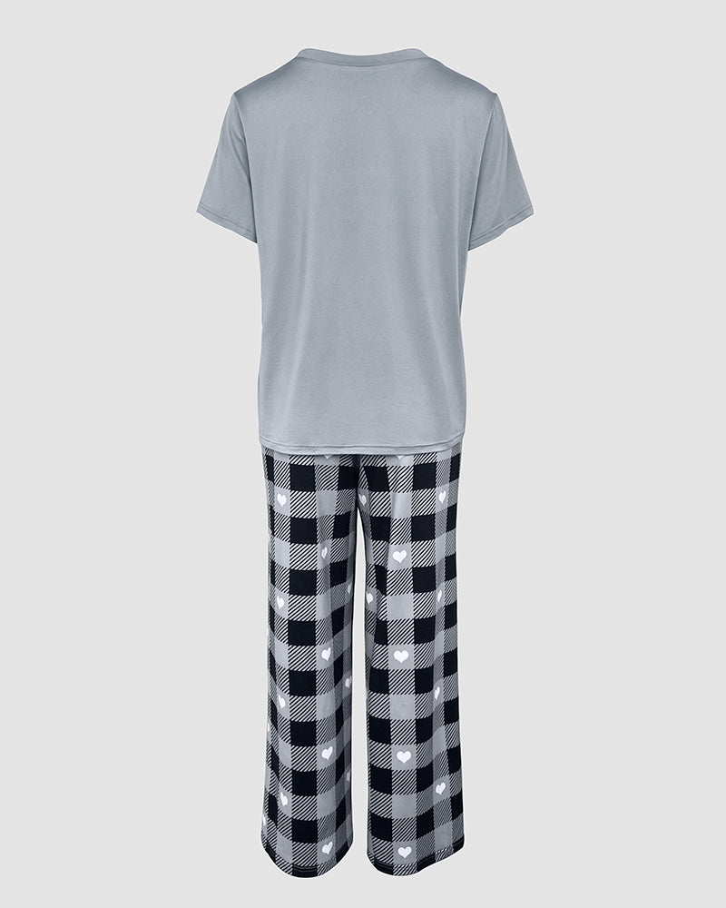 2 Pieces Outfit Cute Letter Print Short Sleeve T-shirt and Plaid Pants Set Loungewear - Image 8